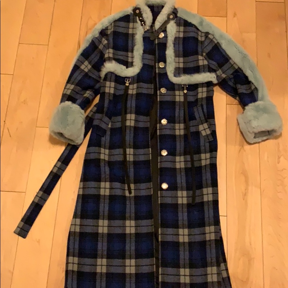 3NY Long Plaid Coat with Removable Faux Fur Cuffs
